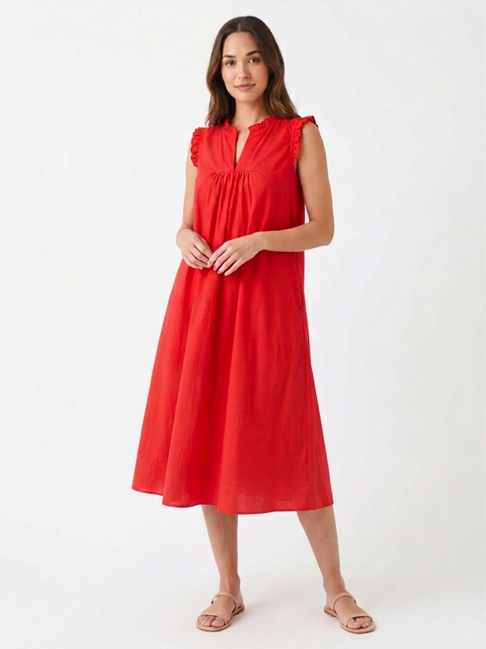Chépé M Made in Italy 100% Cotton Poplin Red Sleeveless Ruffle Neck Midi Dress
